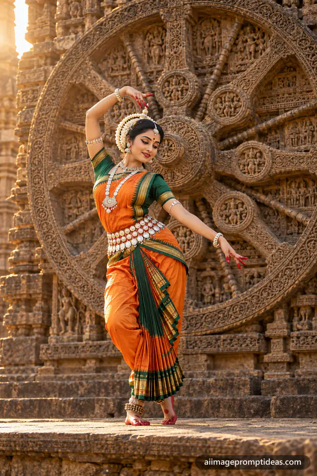 Odissi dancer in a tribhangi pose before the carved stone wheel of Konark Sun Temple, AI generated