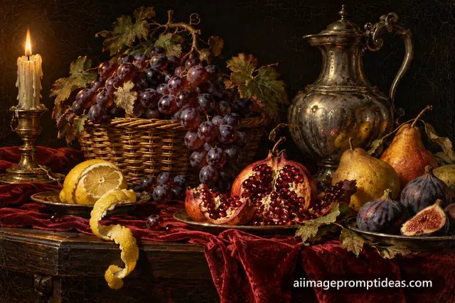 Old-master style oil painting of fruits, silver jug and candle on a dark table, AI generated
