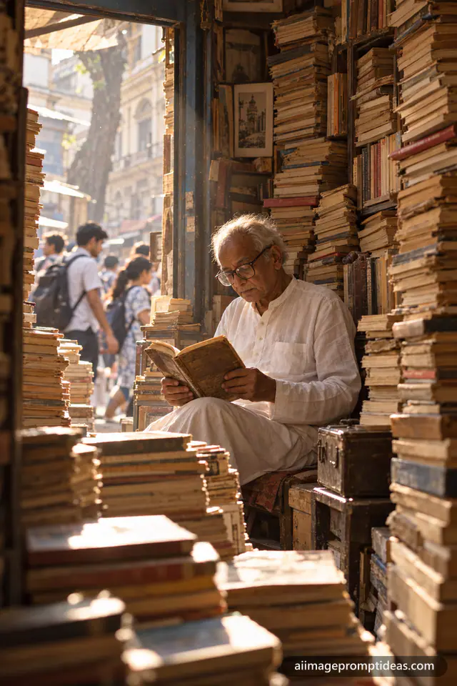 Old bookseller reading among towering stacks of books at his College Street stall, AI generated