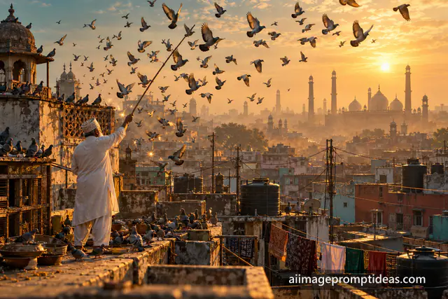Elderly man releasing pigeons from an Old Delhi rooftop at dawn, AI generated