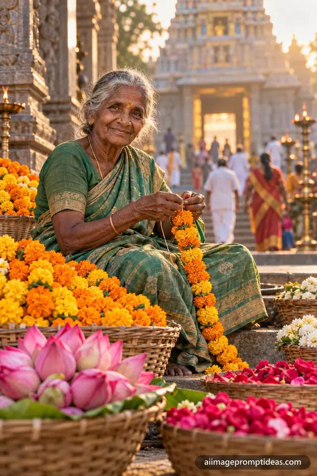 Elderly woman in a green saree selling marigold garlands on temple steps in morning light, AI generated
