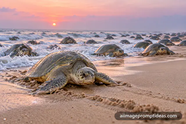 Olive ridley turtles crawling up an Odisha beach at dawn, AI generated