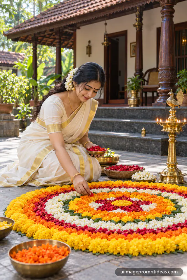 Woman in a cream and gold Kasavu saree arranging a colorful Onam pookalam in a Kerala courtyard, AI generated