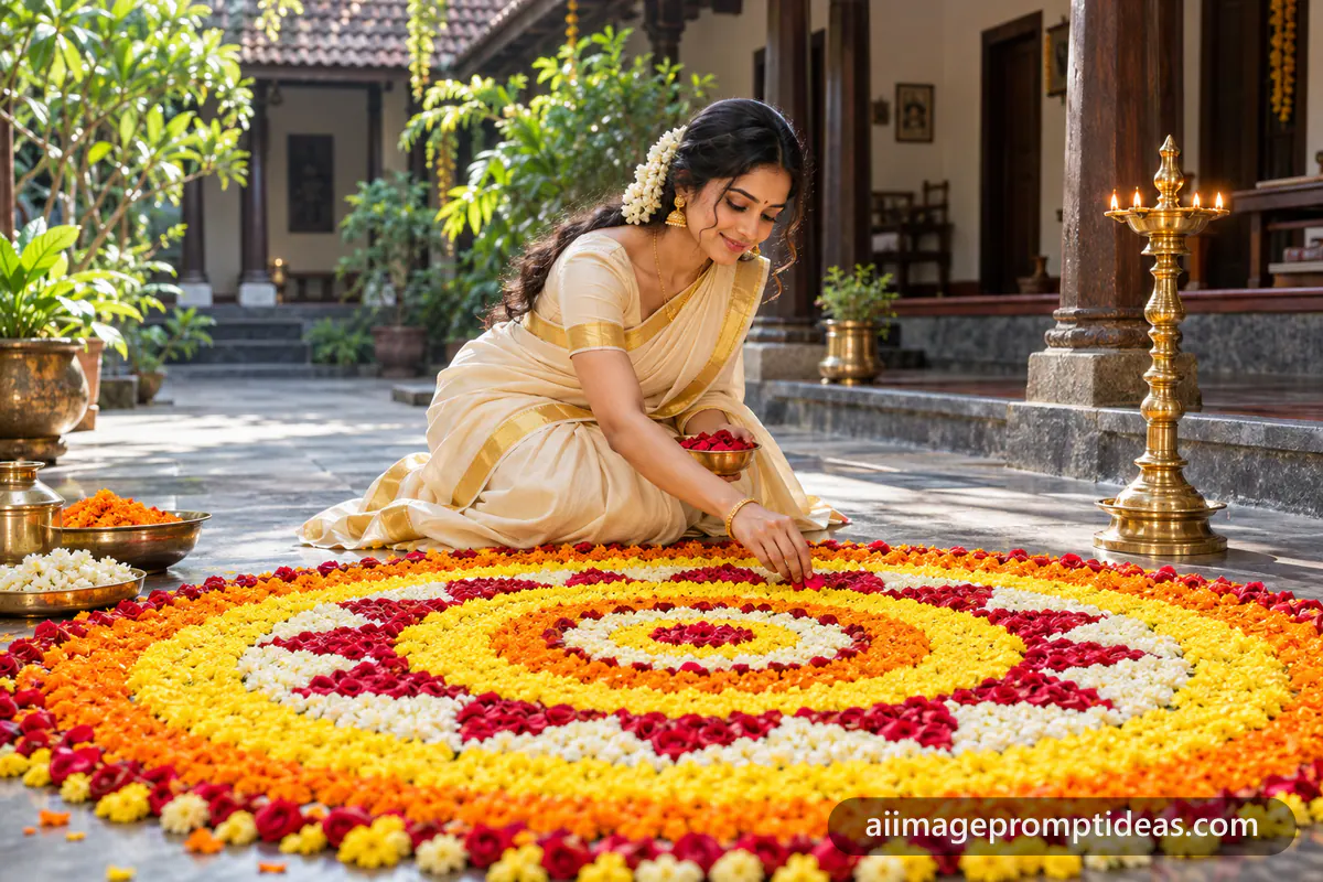 Woman in a kasavu saree arranging a colorful flower pookalam for Onam beside a brass lamp, AI generated
