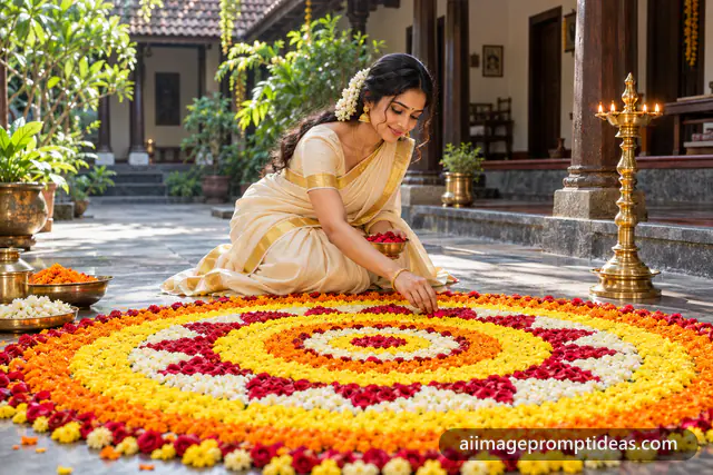 Woman in a kasavu saree arranging a colorful flower pookalam for Onam beside a brass lamp, AI generated