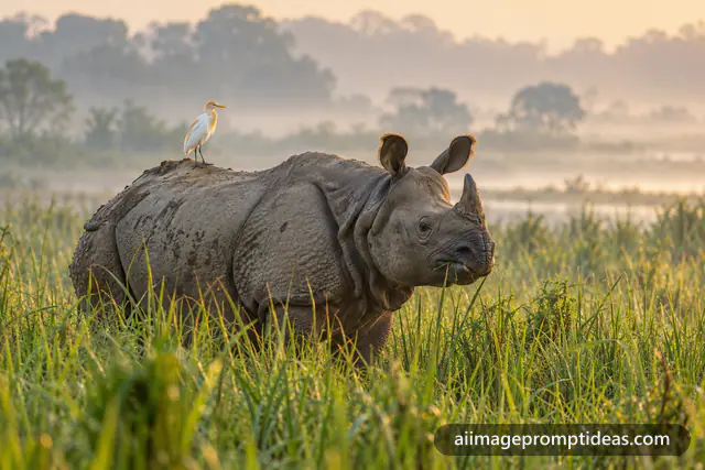 One-horned rhino standing in tall elephant grass in misty Kaziranga with an egret on its back, AI generated