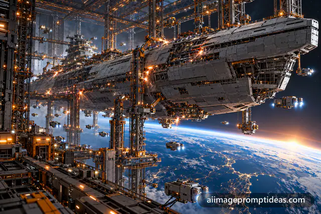 Giant starship being built in an orbital shipyard above Earth, AI generated