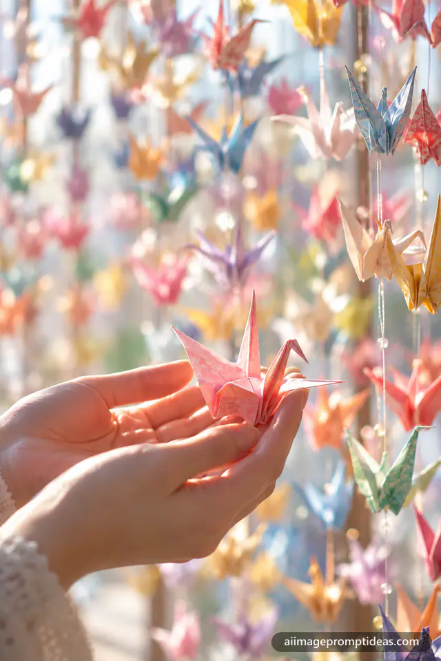 Hands holding a pink origami crane in front of hundreds of hanging colorful paper cranes, AI generated