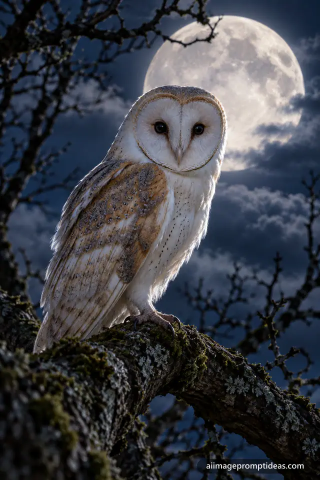 Barn owl on a mossy branch with a huge full moon behind it at night, AI generated