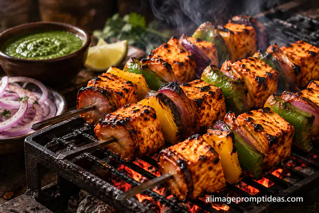 Charred paneer tikka skewers with peppers and onions sizzling on a grill with mint chutney, AI generated