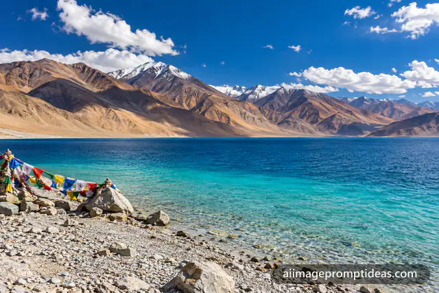 Turquoise Pangong Lake with barren brown mountains and prayer flags in Ladakh, AI generated