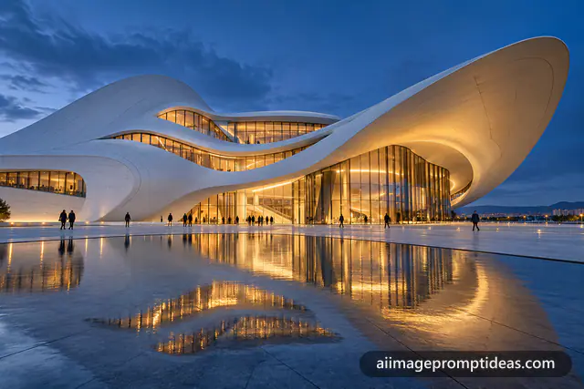 Futuristic white parametric museum with curves at blue hour, AI generated