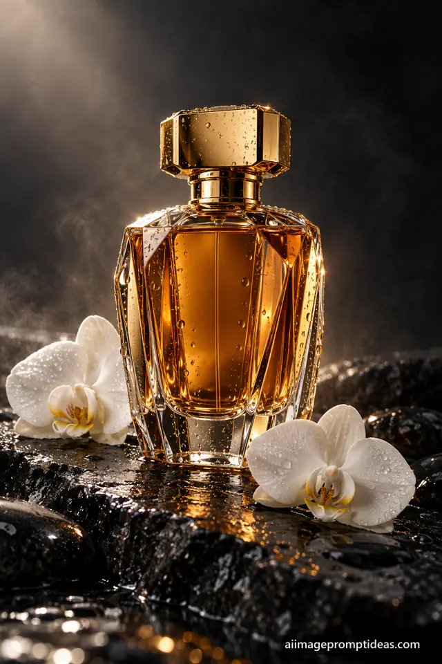 Luxury amber perfume bottle with a gold cap on wet black stone beside white orchids, AI generated