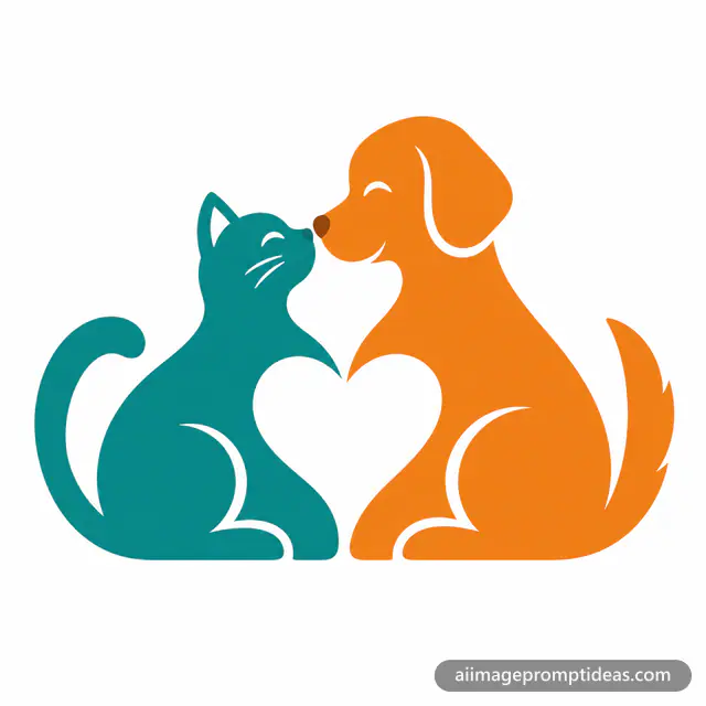 Minimal pet shop logo of an orange dog and teal cat silhouettes forming a heart, AI generated