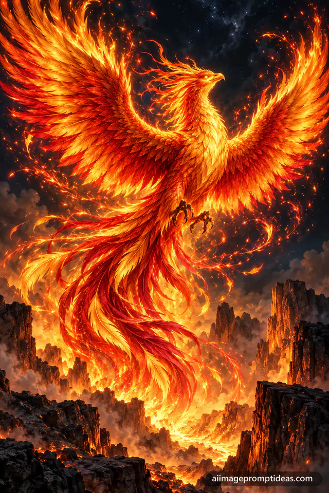 Majestic phoenix with glowing gold and crimson wings rising from flames against a dark sky, AI generated