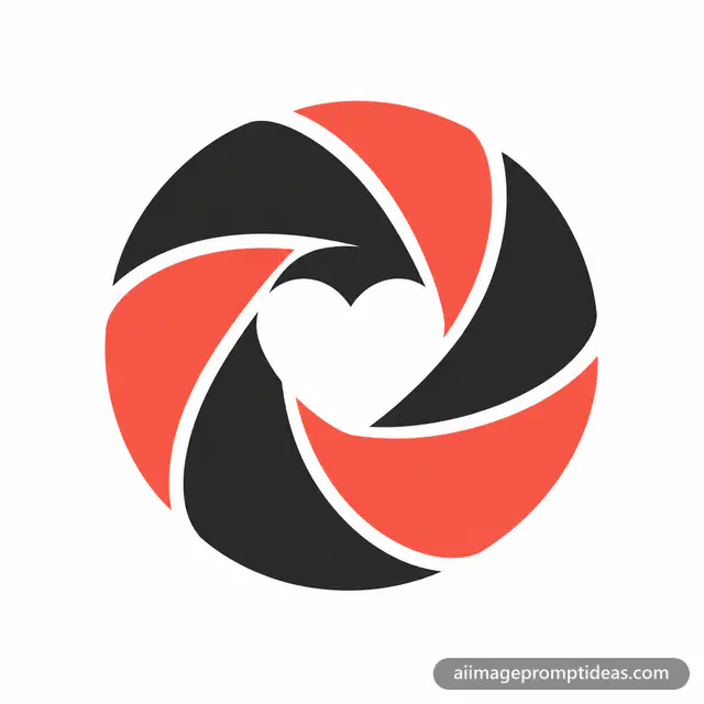 Minimal photography logo of a camera aperture with a heart-shaped center in black and coral, AI generated