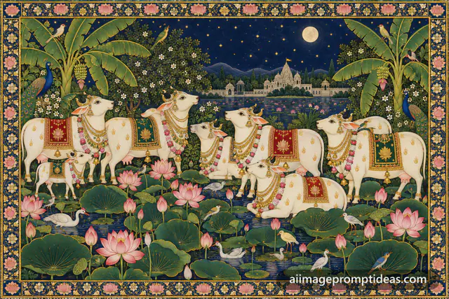 Pichwai style painting of decorated cows among pink lotuses, AI generated