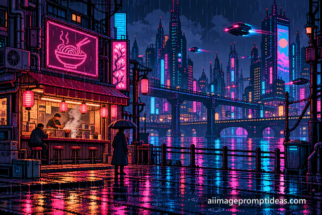 16-bit pixel art rainy cyberpunk street with neon signs, a noodle shop and flying cars, AI generated