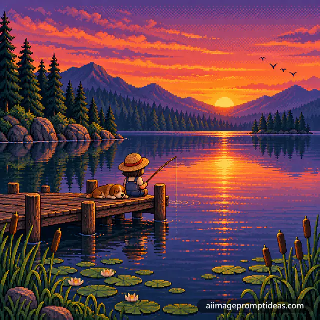 Pixel art character fishing from a wooden dock at sunset, AI generated