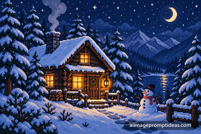 Pixel art log cabin with glowing windows in a snowy forest at night, AI generated
