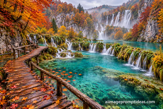 Turquoise terraced lakes and waterfalls with autumn forest, AI generated
