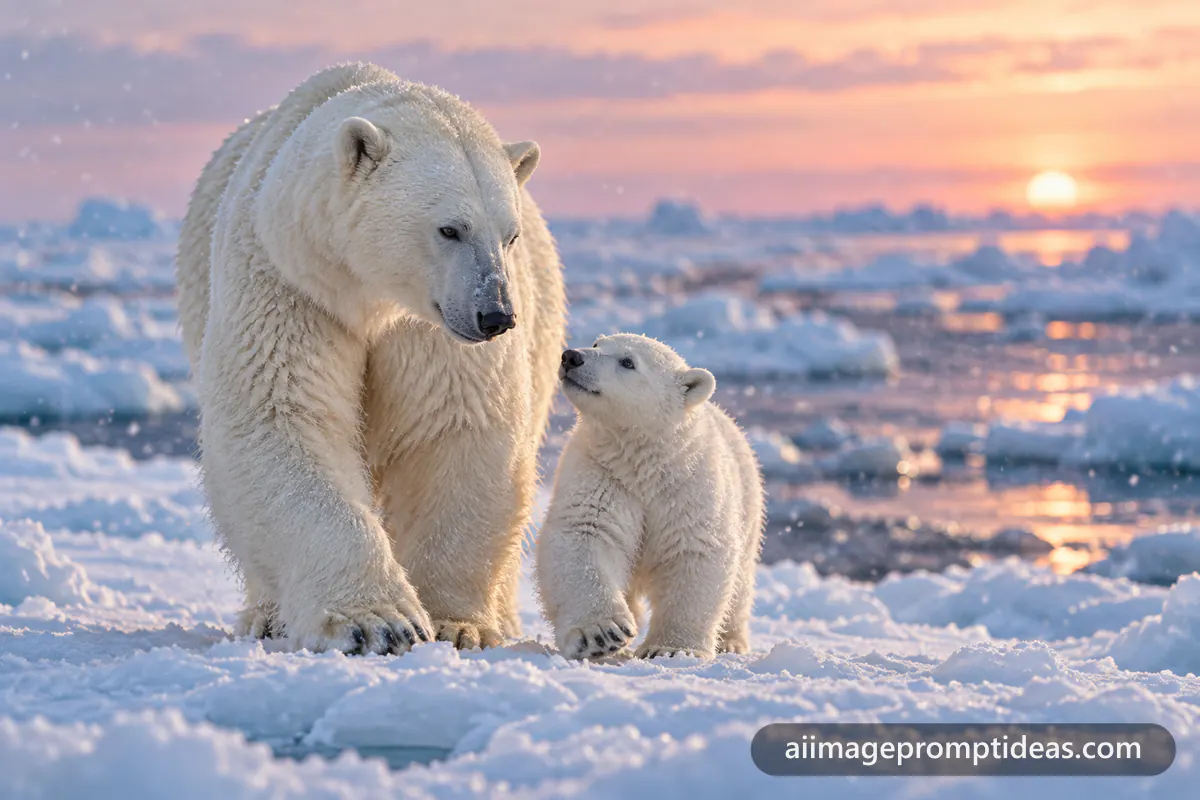 Polar bear mother and fluffy cub walking across Arctic ice under a soft pink sky, AI generated