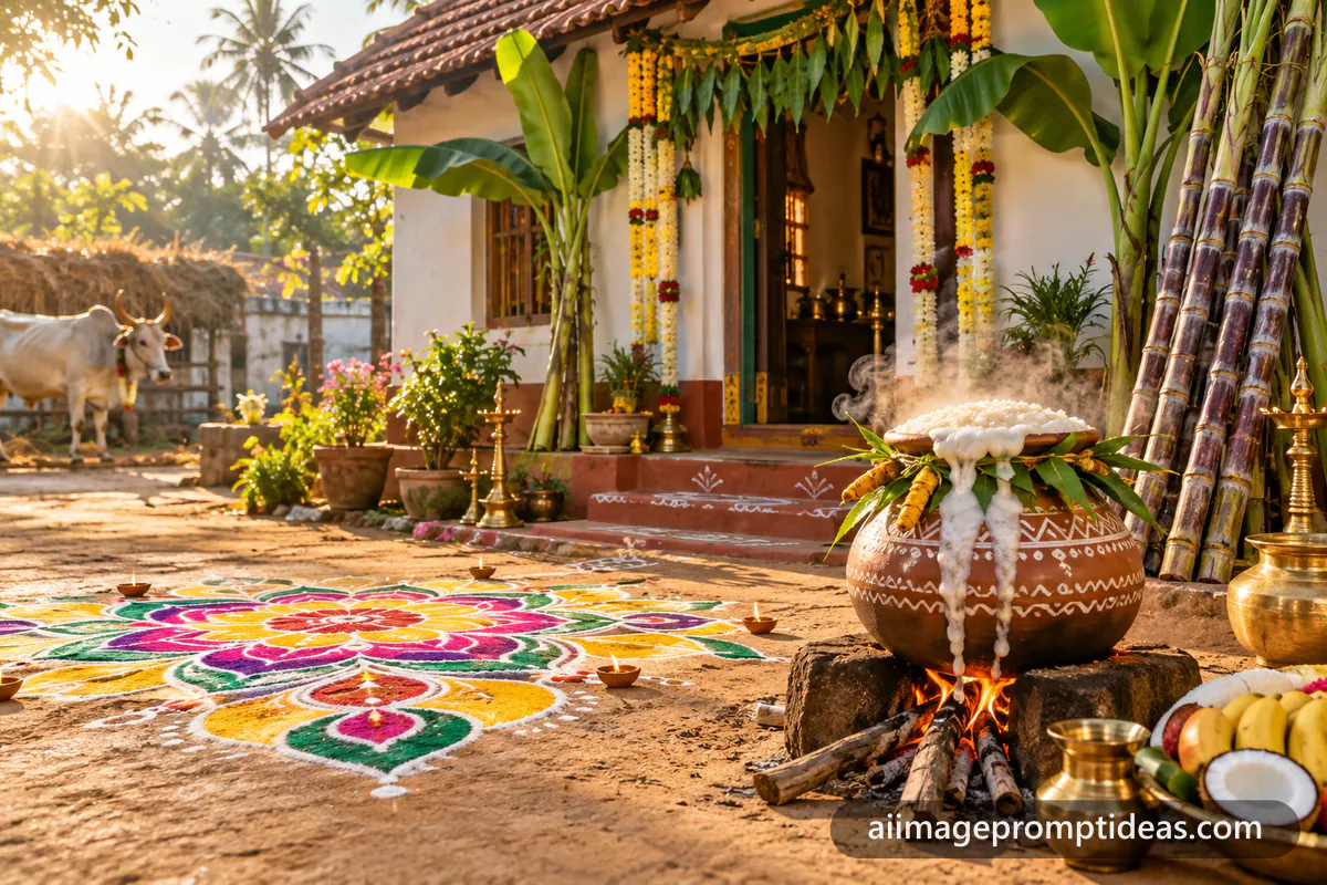 Clay pot of pongal boiling over outside a Tamil home with colorful kolam and sugarcane, AI generated