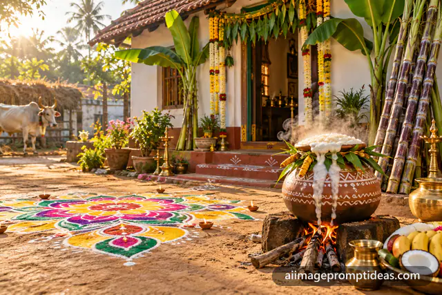 Clay pot of pongal boiling over outside a Tamil home with colorful kolam and sugarcane, AI generated