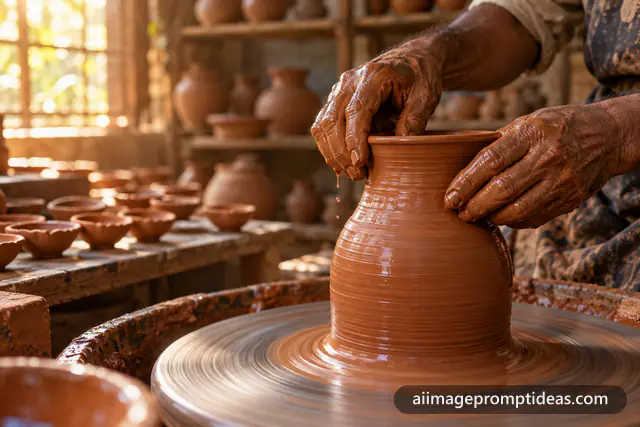 Close-up of a potter's hands shaping a wet clay pot on a spinning wheel, AI generated
