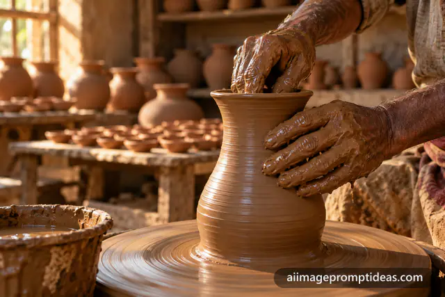 Close-up of a potter's clay-covered hands shaping a pot on a spinning wheel, AI generated