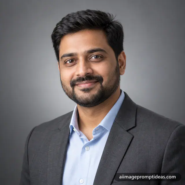 Professional headshot of a smiling man in a charcoal blazer on a soft grey studio background, AI generated