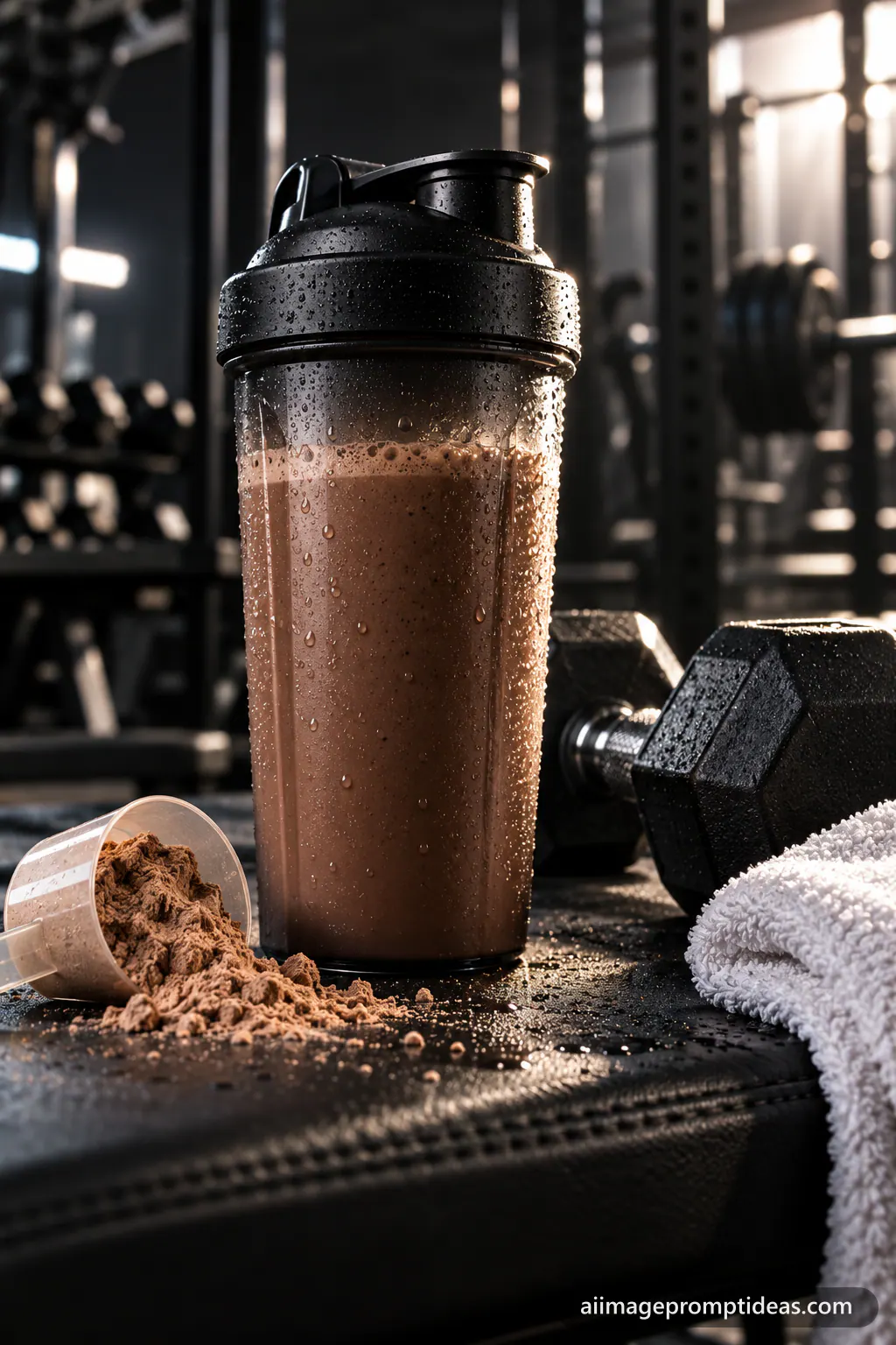 Black protein shaker bottle with condensation beside dumbbells and a towel on a gym bench, AI generated