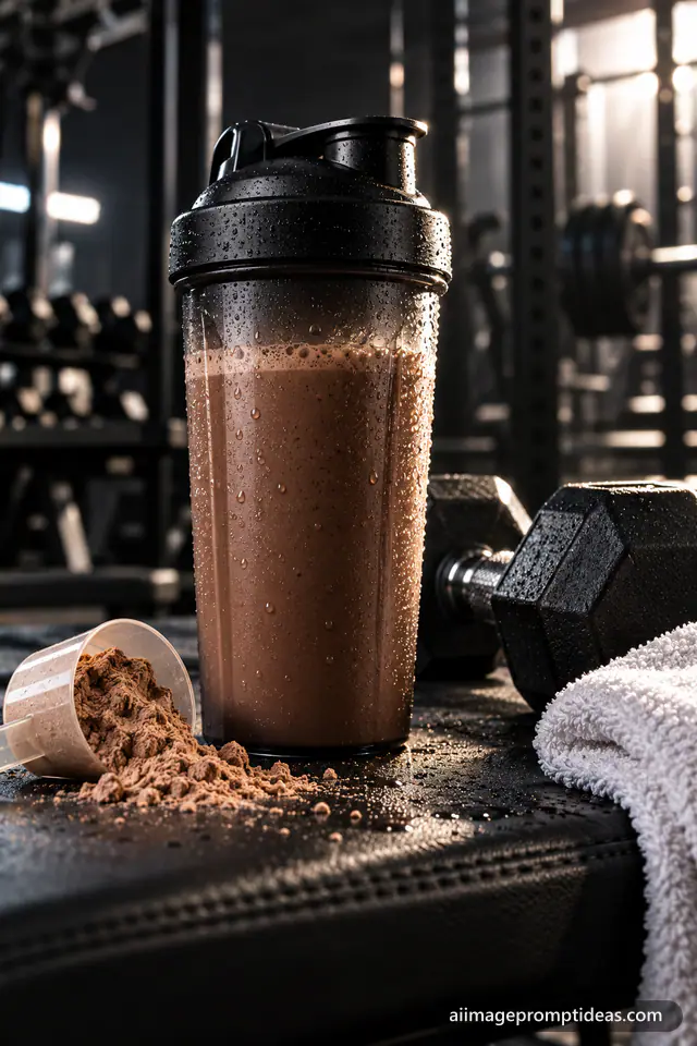 Black protein shaker bottle with condensation beside dumbbells and a towel on a gym bench, AI generated