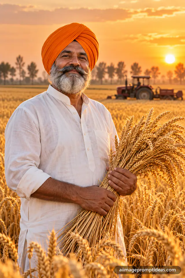 Punjabi farmer in an orange turban holding wheat stalks in a golden field at sunset, AI generated