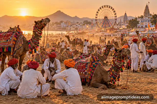 Decorated camels and herders in colorful turbans at the Pushkar Camel Fair at sunset, AI generated
