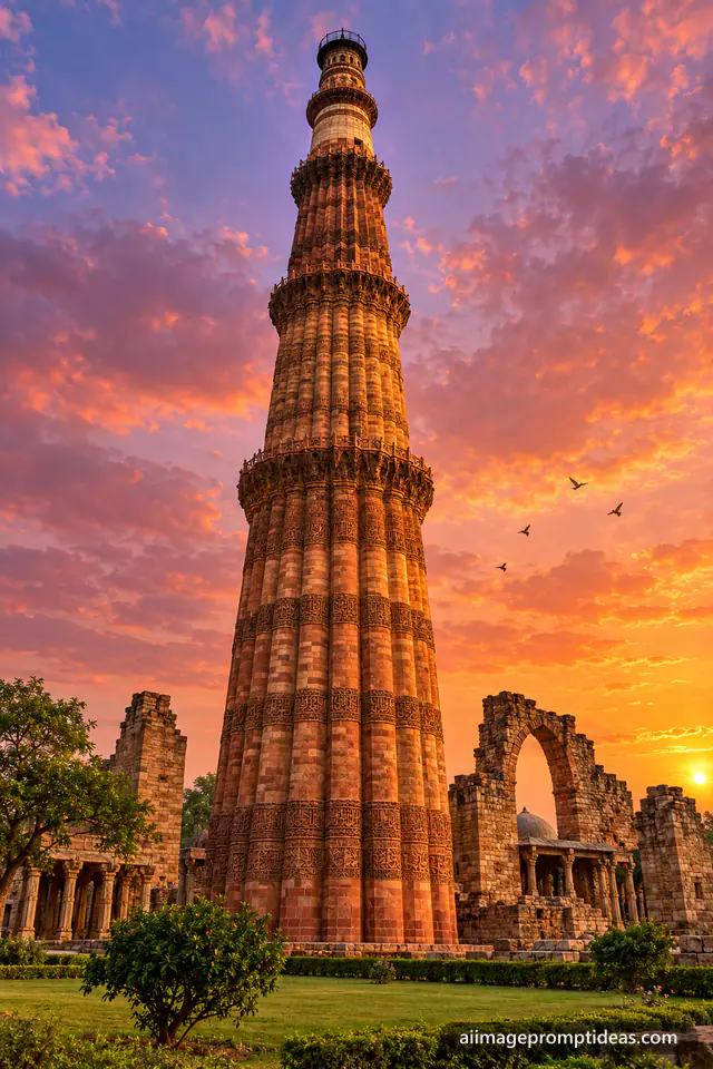 Red sandstone Qutub Minar with carved bands glowing at sunset against pink clouds, AI generated
