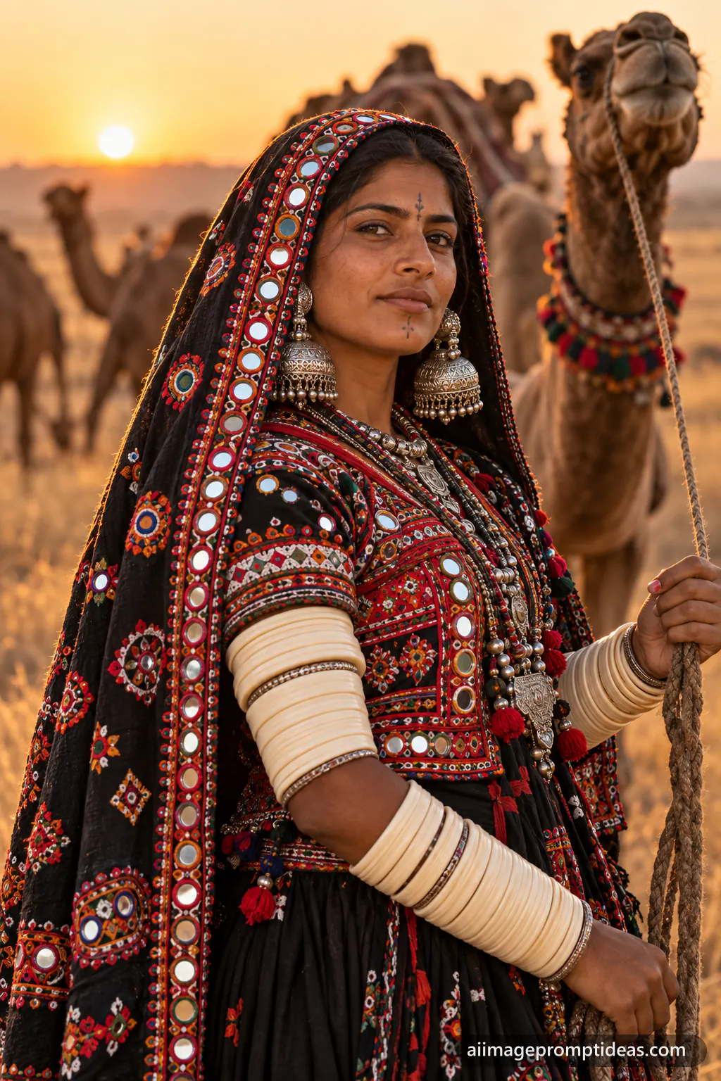 Rabari woman in black mirror-embroidered dress and silver jewellery beside camels in Kutch, AI generated