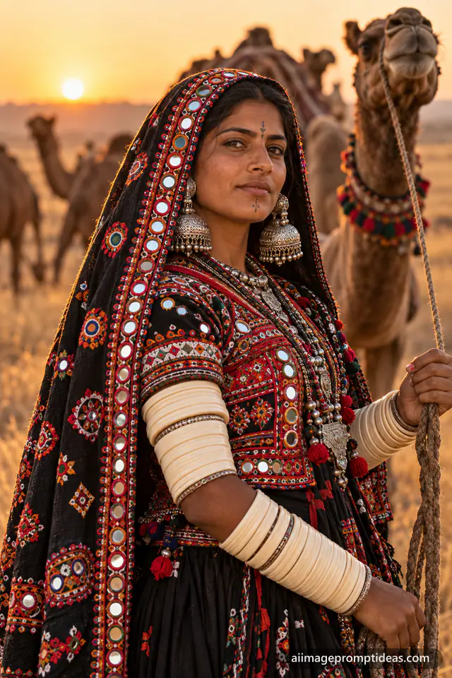 Rabari woman in black mirror-embroidered dress and silver jewellery beside camels in Kutch, AI generated