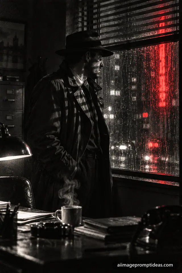 Film noir detective in a fedora by a rain-streaked window with blind shadows and a red neon glow, AI generated