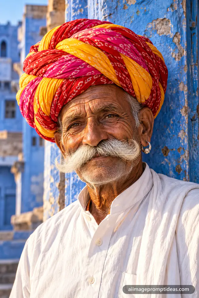 Elderly Rajasthani man with a white moustache and a colorful pagdi against a blue wall in Jodhpur, AI generated