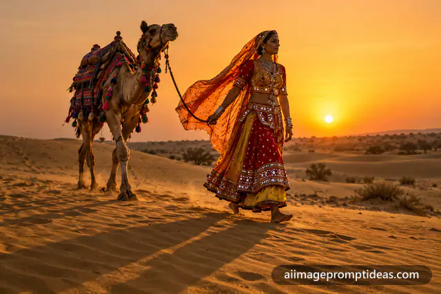 Rajasthani woman in a red and yellow ghagra leading a decorated camel over desert dunes at sunset, AI generated