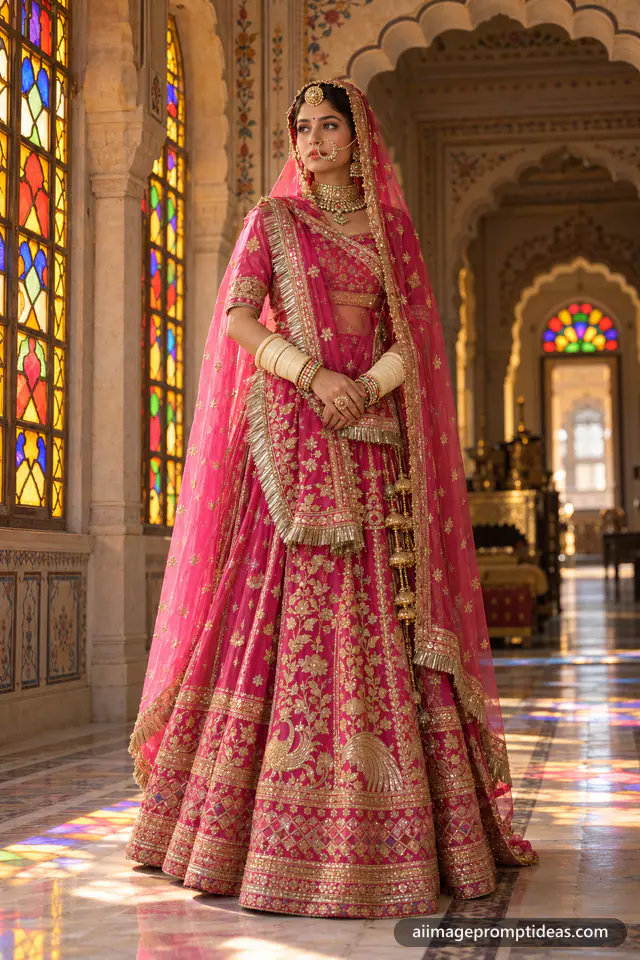 Rajasthani bride in a pink Rajputi poshak with a borla and heavy jewellery in a palace corridor, AI generated