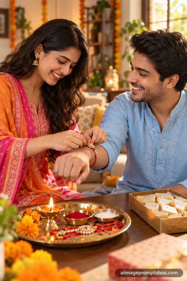 Sister tying a red and gold rakhi on her brother's wrist with a puja thali and sweets, AI generated