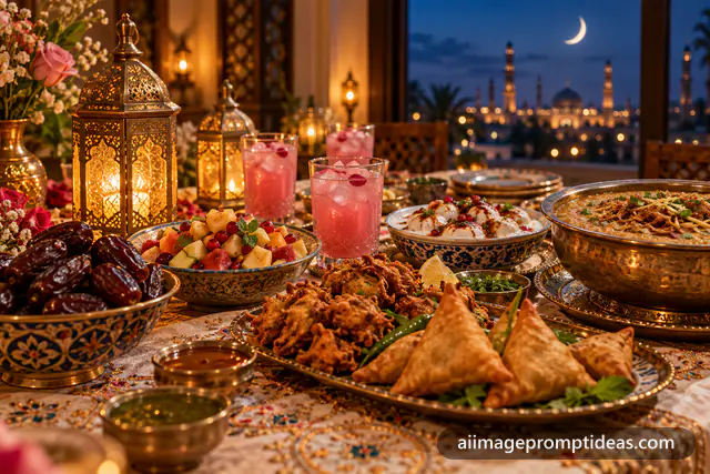 Ramadan iftar table with dates, pakoras, rose sherbet and glowing lanterns at dusk, AI generated