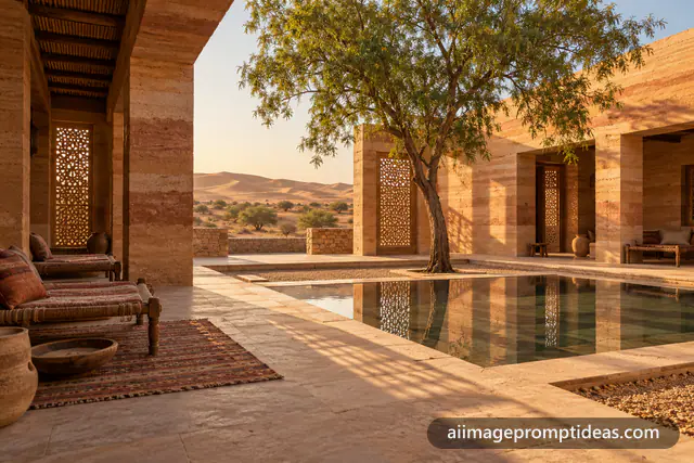 Rammed earth courtyard house with jaali screens and reflecting pool in the desert, AI generated