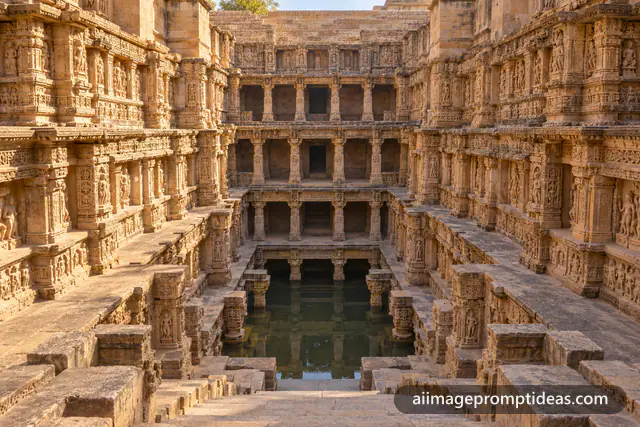 Descending corridor of the Rani ki Vav stepwell with tiers of intricately carved pillars, AI generated