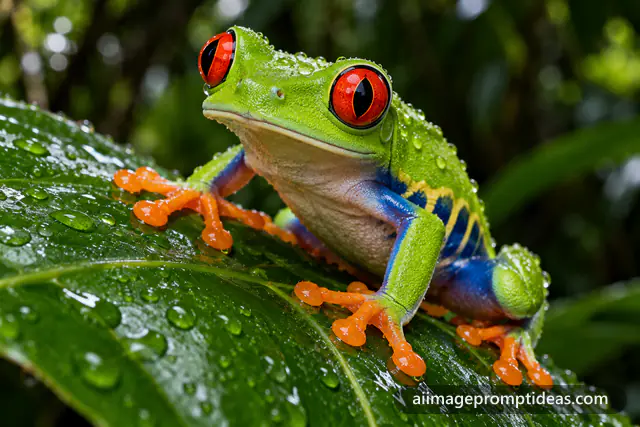 Red-eyed tree frog clinging to a wet green leaf in a rainforest, AI generated