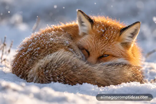 Red fox curled up asleep in fresh snow with falling snowflakes and golden side light, AI generated