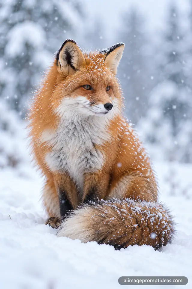 Fluffy red fox sitting in fresh snow with falling snowflakes and a blurred winter forest, AI generated