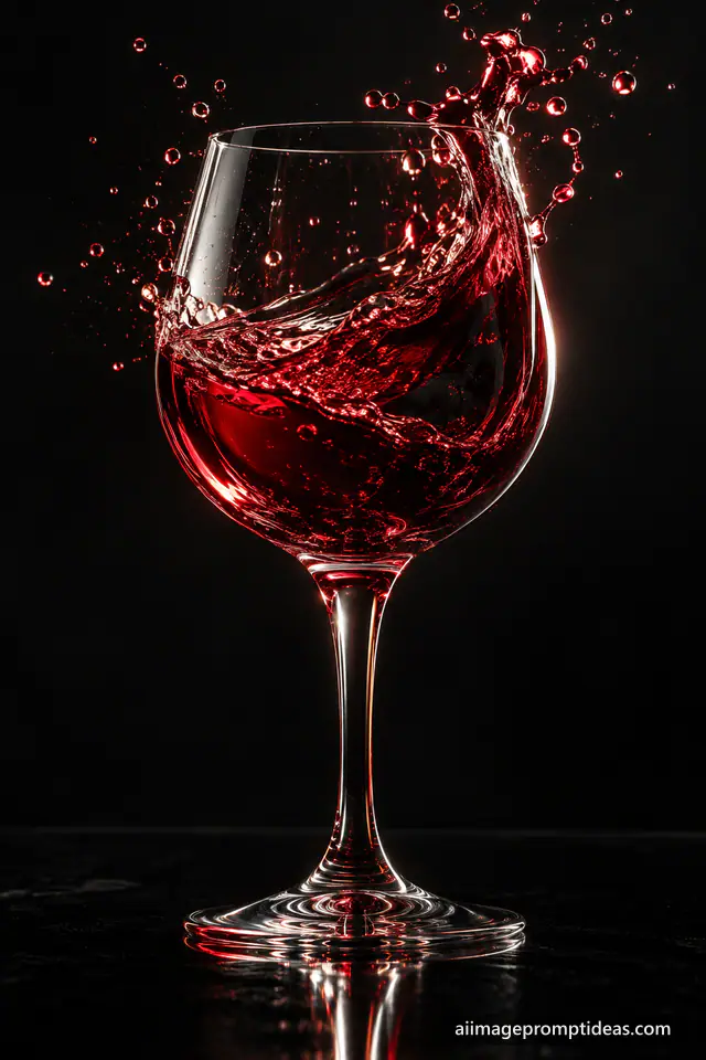 Red wine splashing in a crystal glass with frozen droplets against a dark background, AI generated